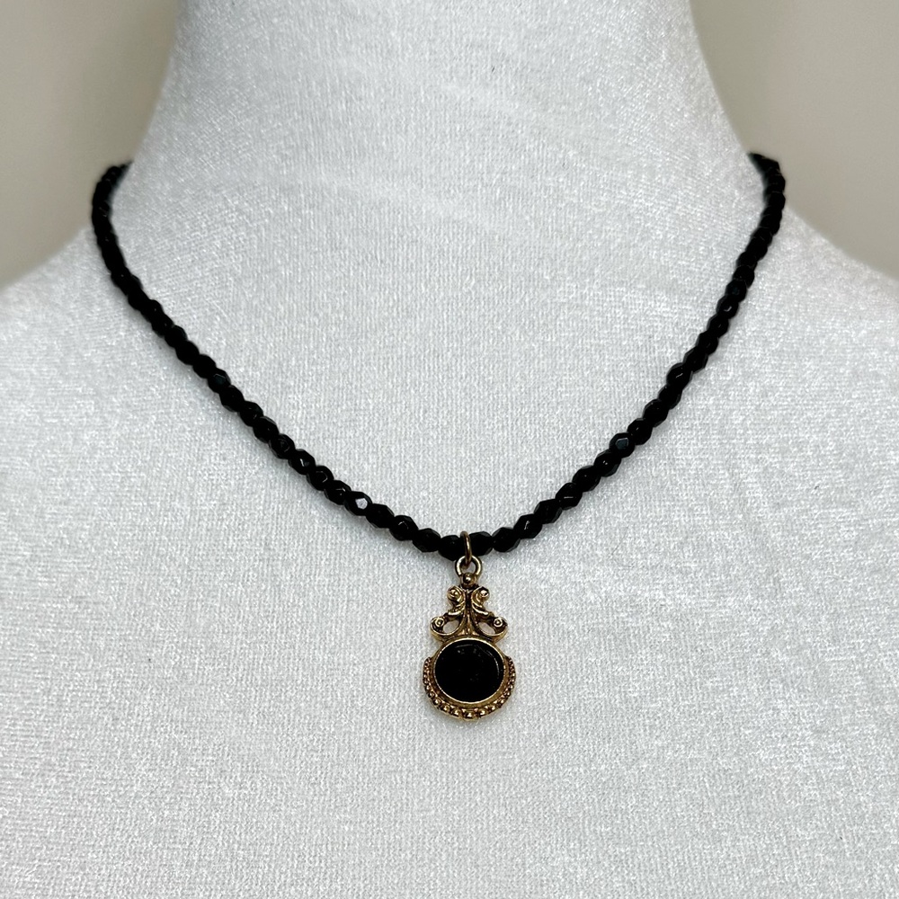 Black Crystal-Cut Beaded Necklace with Black and Gold Gem Charm / BUNDLE ME!